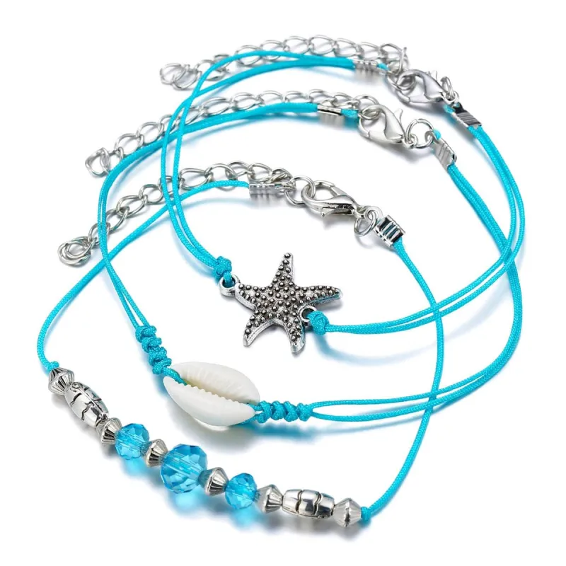 Blue Polyster & Pukka Shell Silvertone Starfish Anklet Set made by Zulily