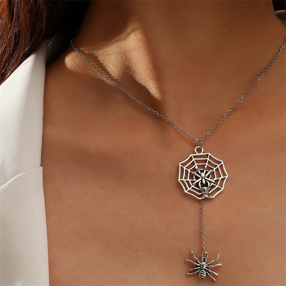Silvertone Spider & Web Drop Necklace sold by Zulily product image thumbnail 2