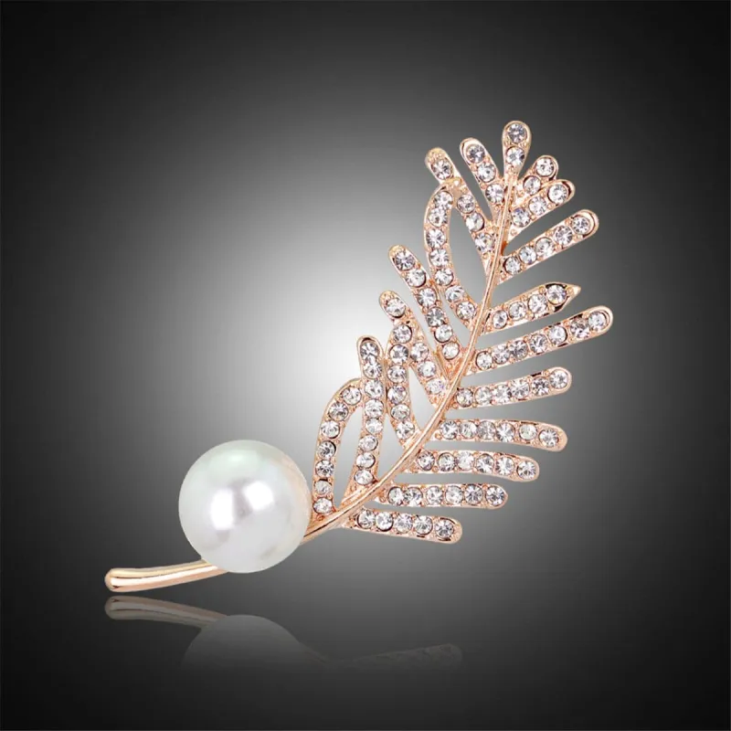 Cubic Zirconia & Pearl Goldtone Leaf Brooch made by Zulily