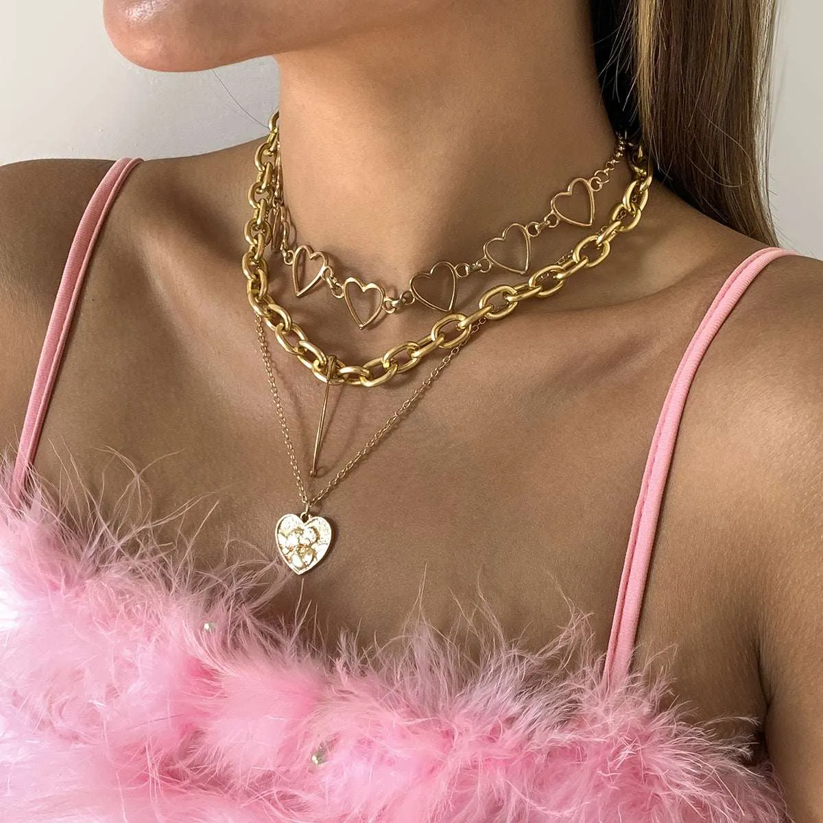 Goldtone Heart Chain Safety Pin Pendant Necklace Set sold by Zulily product image thumbnail 3