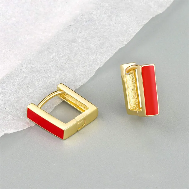 Red Enamel & Goldtone Square Huggie Earrings made by Zulily