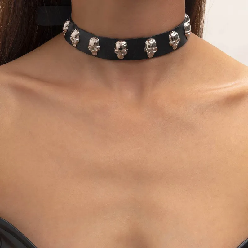 Black Polystyrene & Silvertone Skull-Studded Choker Necklace made by Zulily