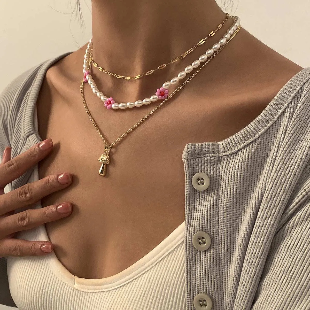 Pink Howlite & Pearl Goldtone Mushroom Pendant Necklace Set sold by Zulily product image thumbnail 2