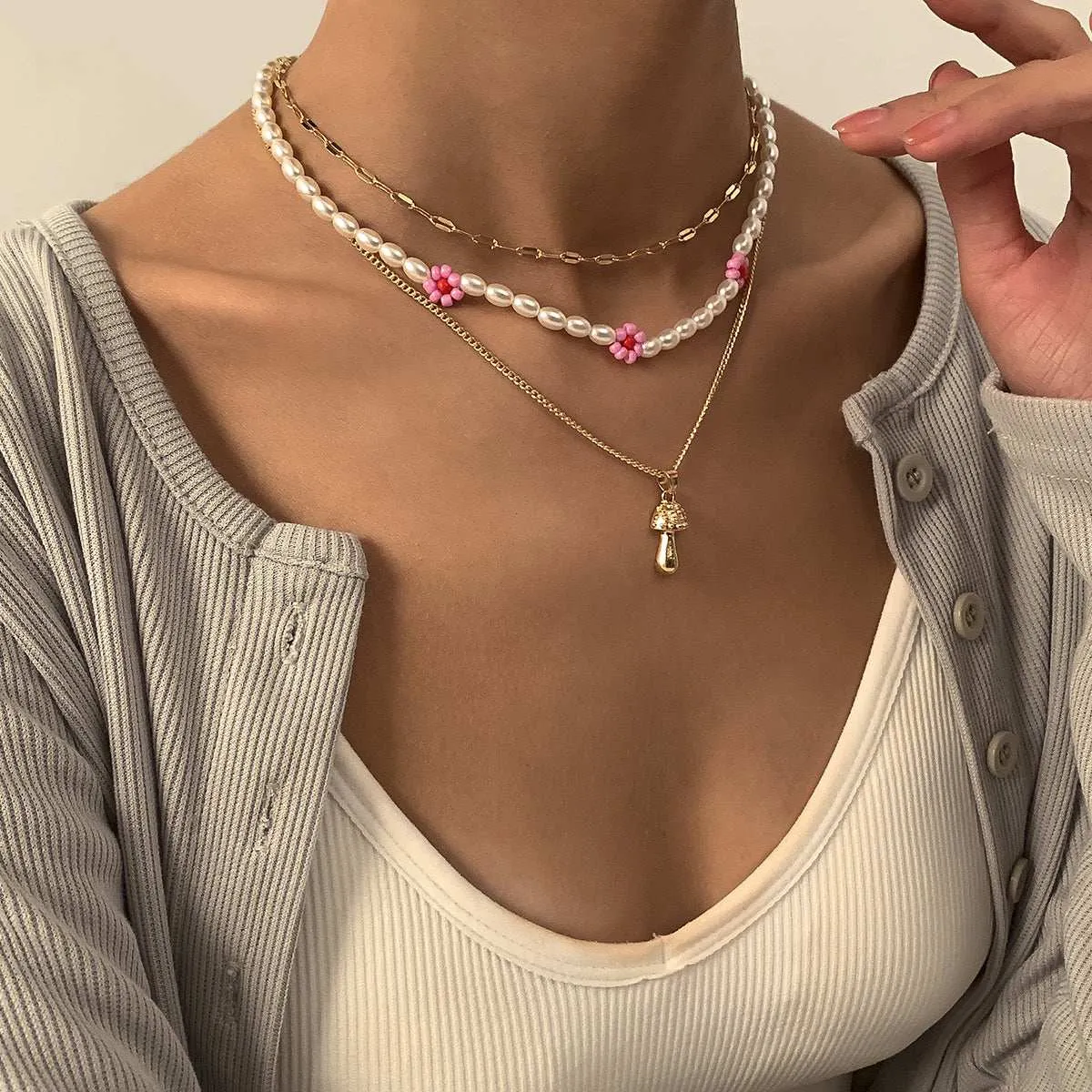 Pink Howlite & Pearl Goldtone Mushroom Pendant Necklace Set sold by Zulily product image thumbnail 3