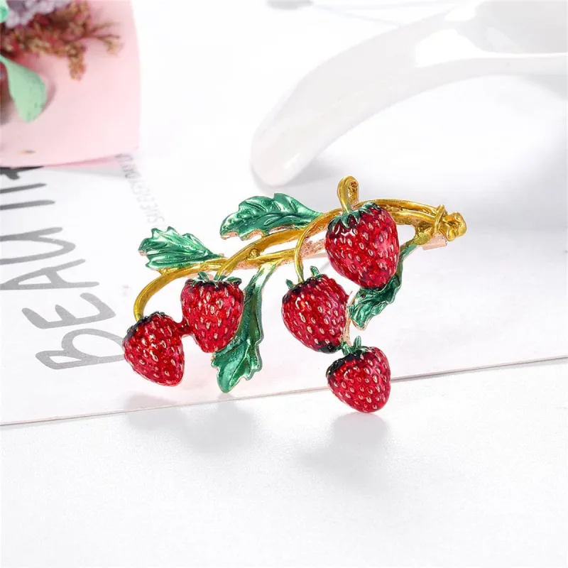 Red Enamel & Goldtone Strawberries Brooch made by Zulily