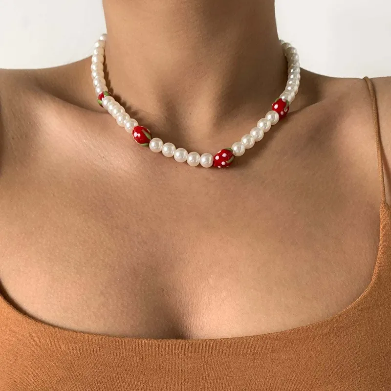 Red Acrylic & Pearl Strawberry Beaded Choker Necklace made by Zulily