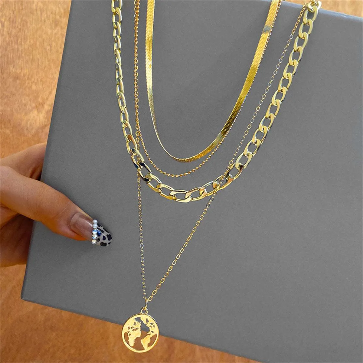Goldtone Curb & Snake Chain Map Pendant Layered Necklace sold by Zulily product image thumbnail 2