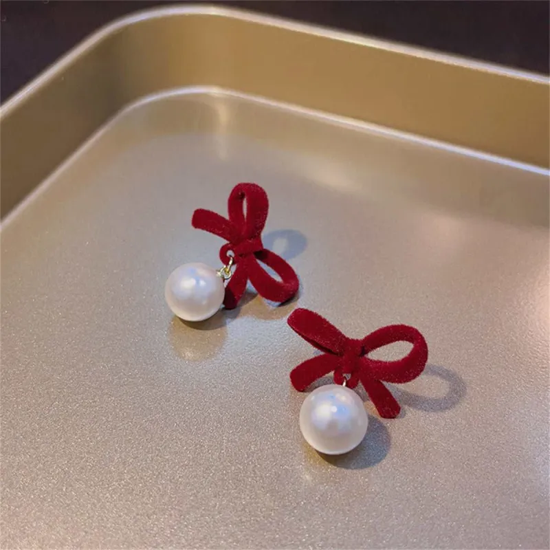 Red Nylon & Pearl Goldtone Bow Drop Earrings made by Zulily