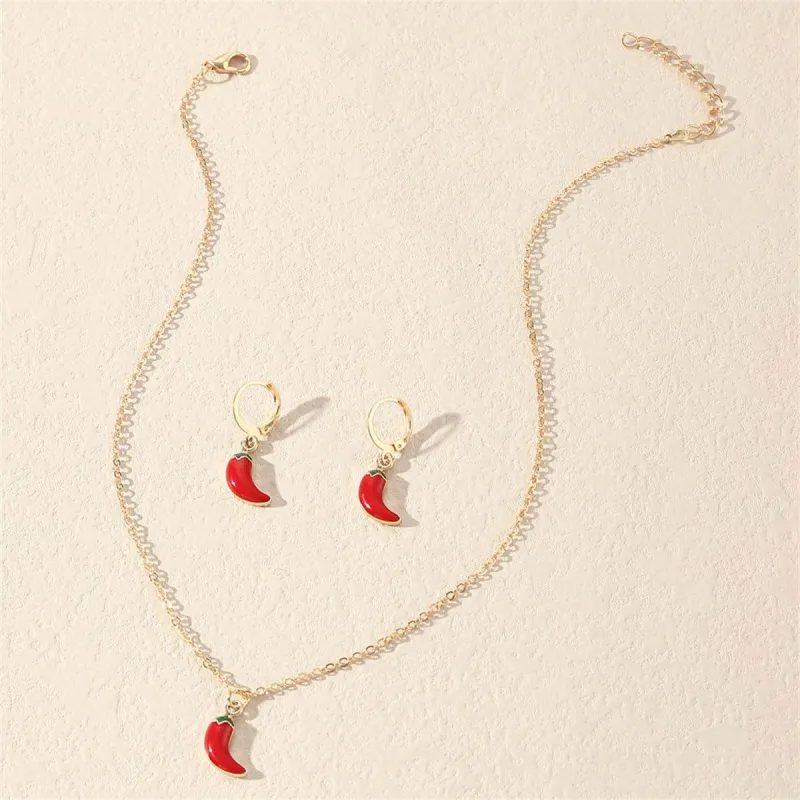 Red Enamel & Goldtone Chili Pendant Necklace & Leverback Earrings made by Zulily