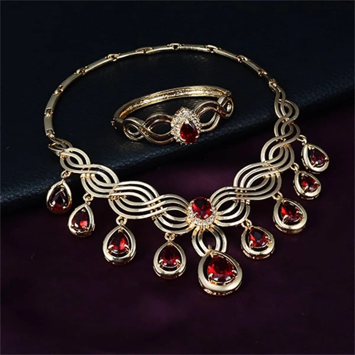 Red Crystal & Goldtone Cubic Zirconia-Accent Teardrop Statement Necklace Set sold by Zulily product image thumbnail 2