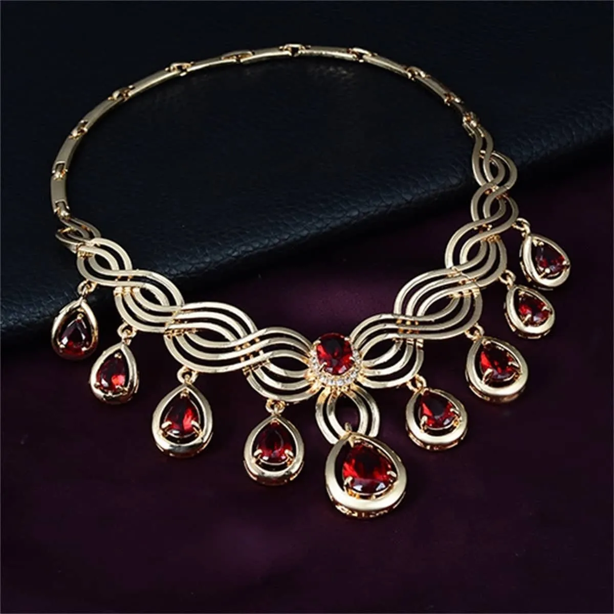 Red Crystal & Goldtone Cubic Zirconia-Accent Teardrop Statement Necklace Set sold by Zulily product image thumbnail 3