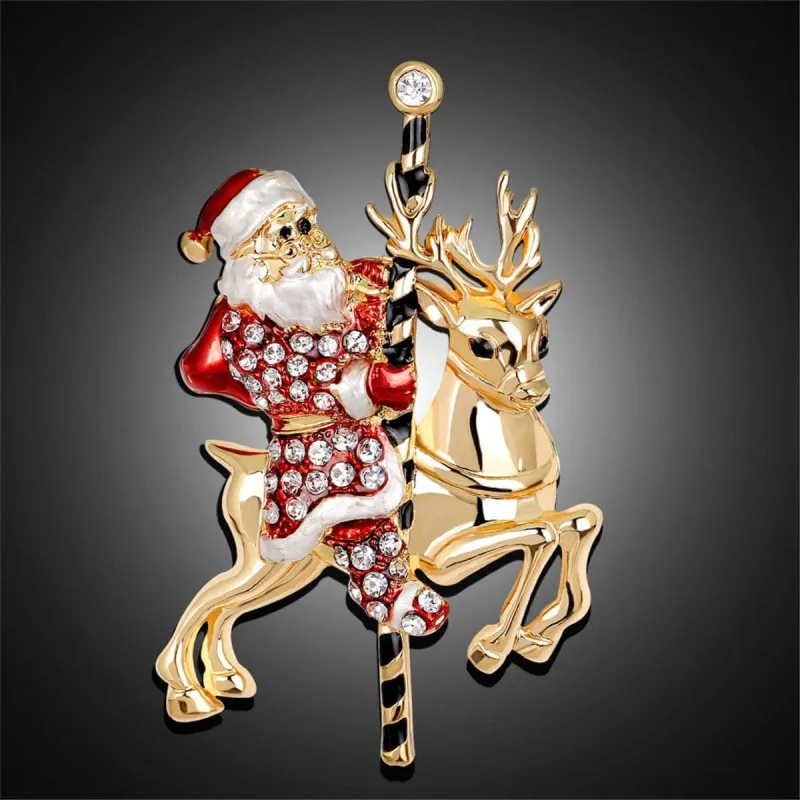 Cubic Zirconia & Goldtone Santa Claus & Reindeer Brooch made by Zulily