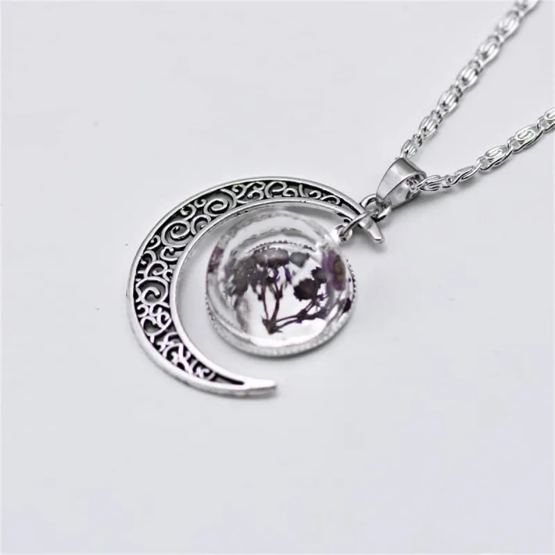 Purple Pressed Flower & Silvertone Filigree Moon Pendant Necklace made by Zulily