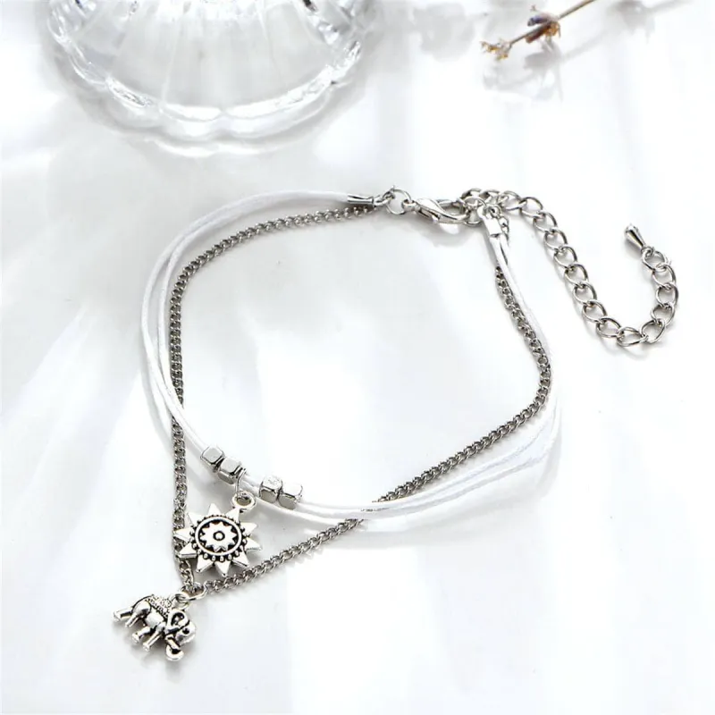 Silvertone Sun & Elephant Cham Layered Anklet made by Zulily