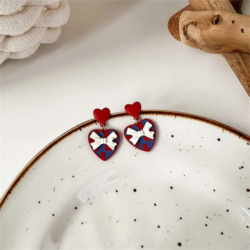 Red Enamel & Goldtone Bow Heart Drop Earrings made by Zulily