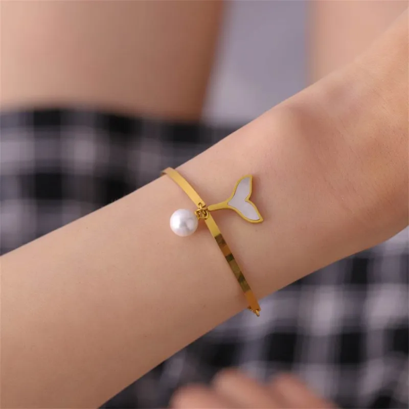 Pearl & White Shell Goldtone Fishtail Charm Bracelet made by Zulily