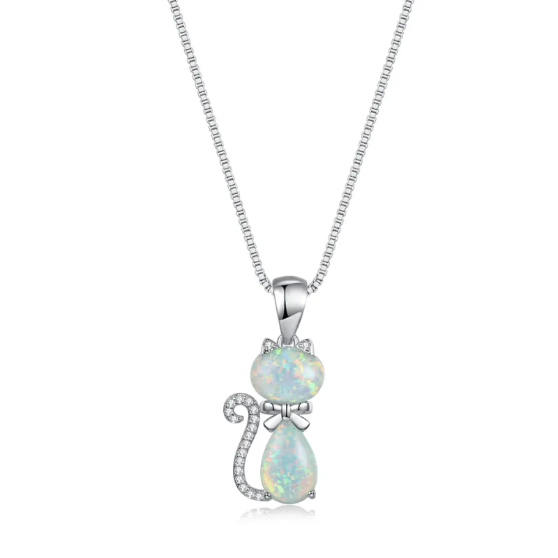 White Opal & Cubic Zirconia Cat Pendant Necklace made by Zulily