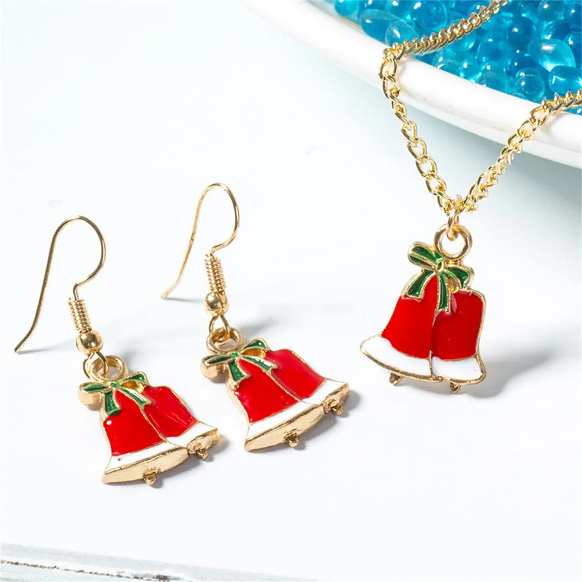 Red & Green Bow Bells Pendant Necklace Set sold by Zulily product image thumbnail 2