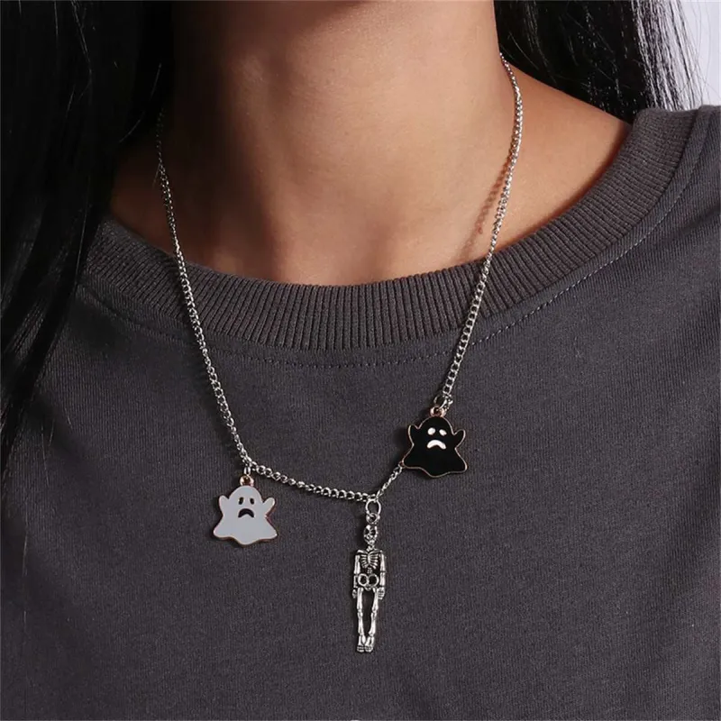 Black Enamel & Silvertone Ghost Skeleton Pendant Necklace made by Zulily