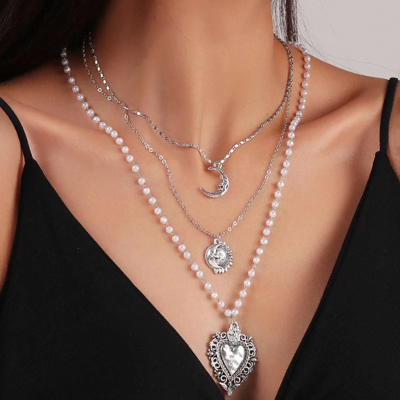Pearl & Silvertone Moon Sun Heart Pendant Layered Necklace made by Zulily