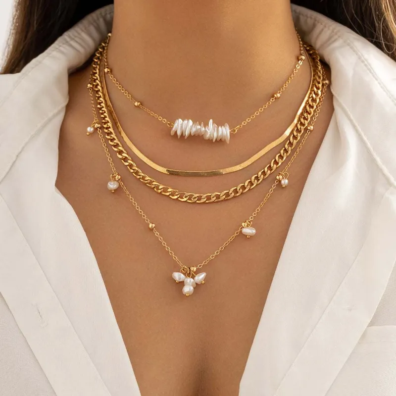 Pearl & Goldtone Herringbone Chain Necklace Set made by Zulily