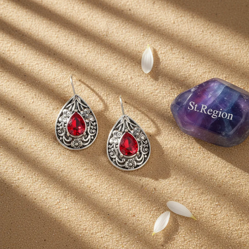 Red Crystal & Silvertone Flower Drop Earrings sold by Zulily product image thumbnail 3