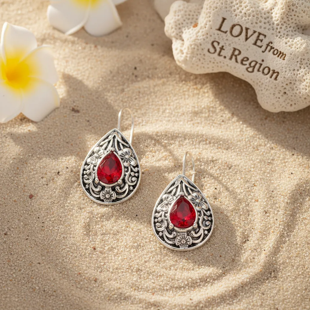 Red Crystal & Silvertone Flower Drop Earrings sold by Zulily product image thumbnail 4