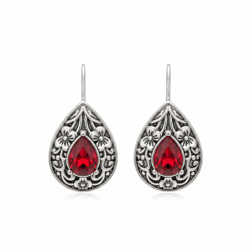 Red Crystal & Silvertone Flower Drop Earrings sold by Zulily product image thumbnail 2