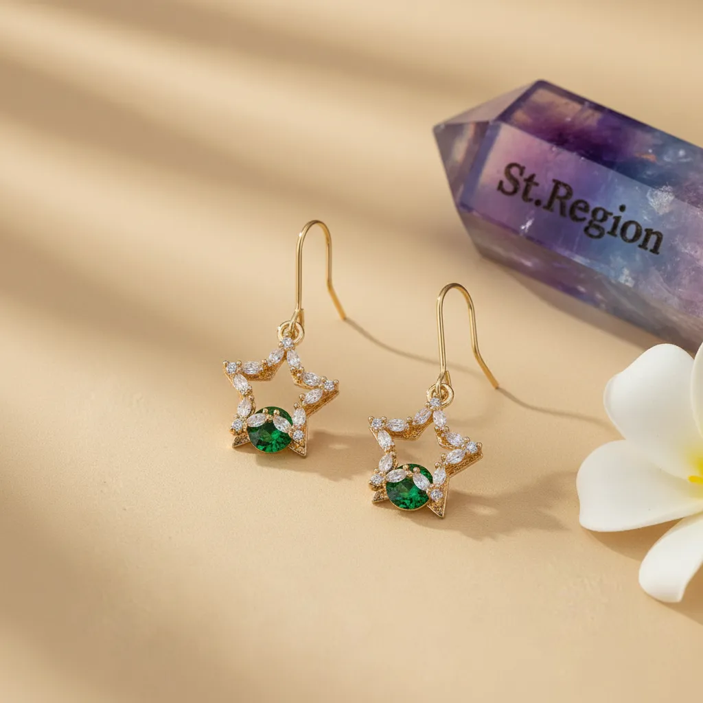 Green Crystal & Cubic Zirconia Goldtone Stacked Star Hook Earrings sold by Zulily product image thumbnail 3