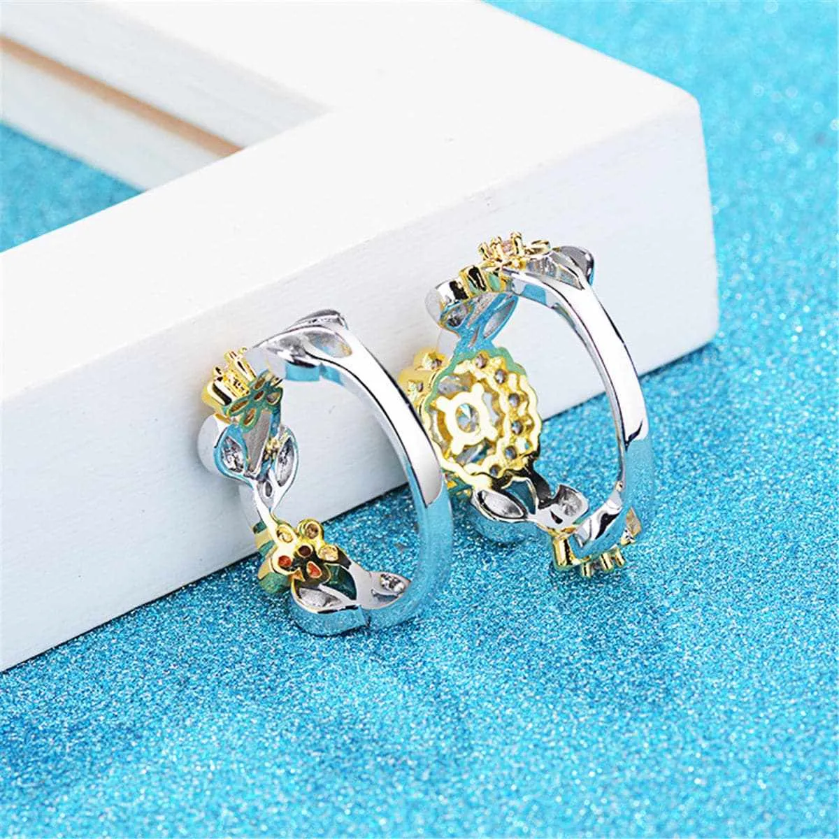 Cubic Zirconia & Two-Tone Flower Band Ring Set sold by Zulily product image thumbnail 5