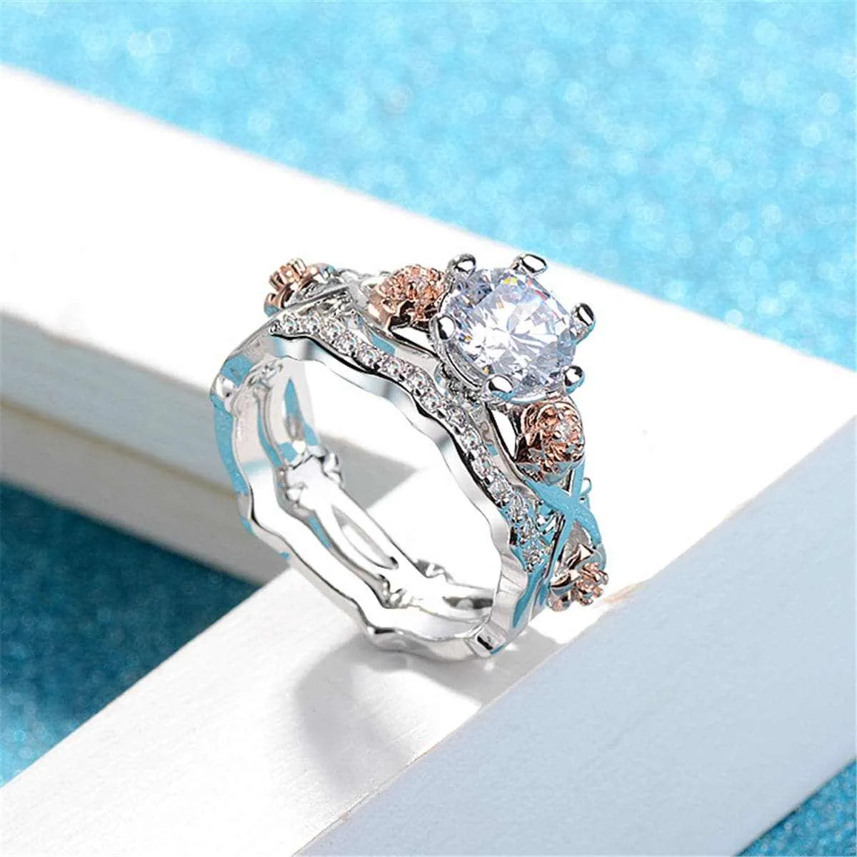 Cubic Zirconia & Two-Tone Flower Band Ring Set sold by Zulily product image thumbnail 3