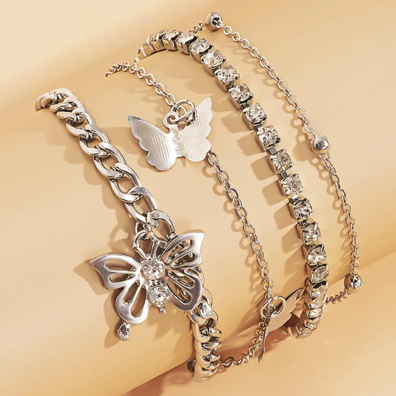 Cubic Zirconia & Silvertone Butterfly Charm Anklet Set made by Zulily