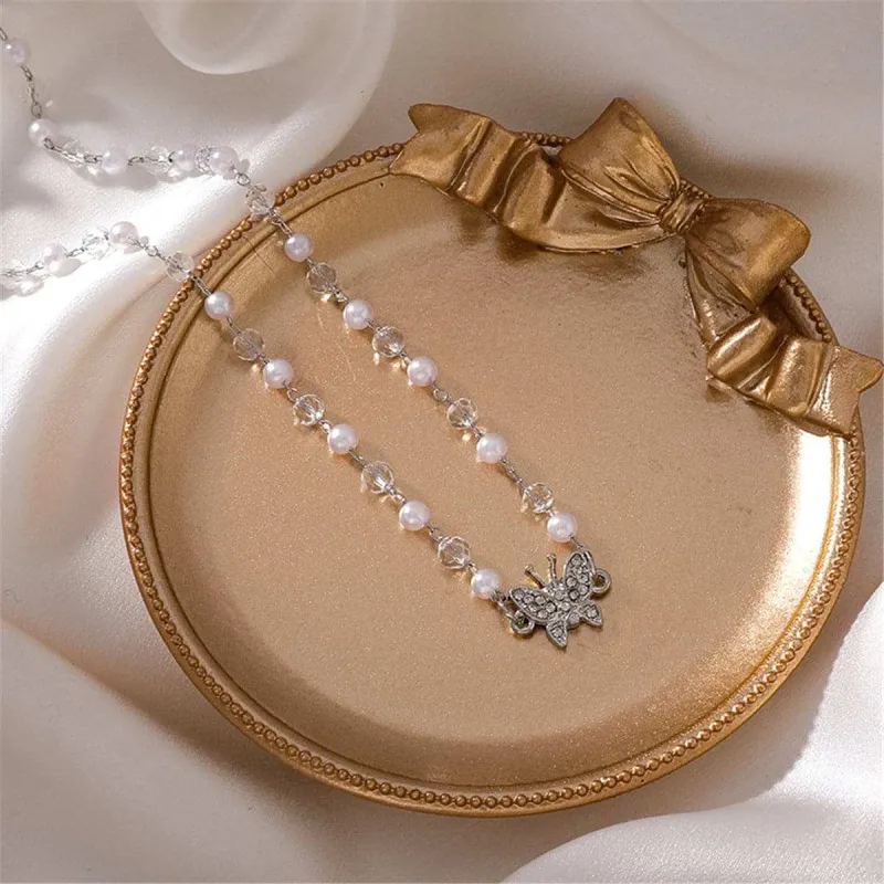 Cubic Zirconia & Pearl Silvertone Butterfly Station Pendant Necklace made by Zulily