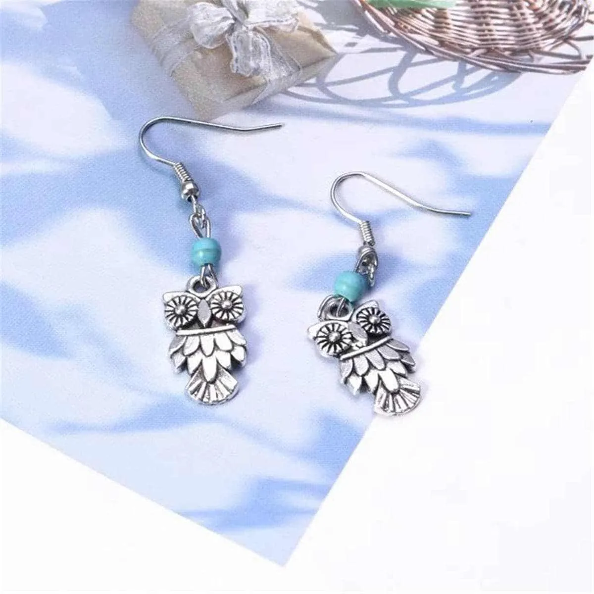 Turquoise & Silvertone Owl Drop Earrings sold by Zulily product image thumbnail 2