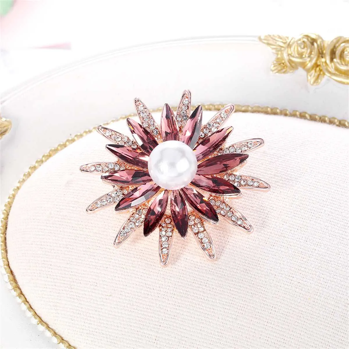 Red Crystal & Cubic Zirconia Pearl Flower Brooch sold by Zulily