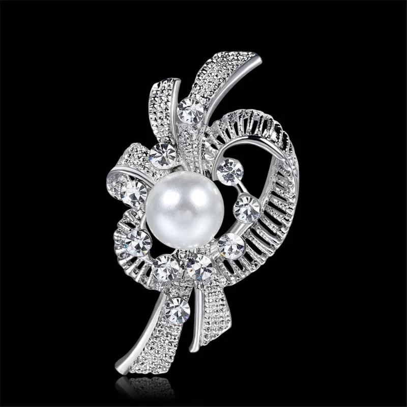 Pearl & Cubic Zirconia Silvertone Bow Filigree Brooch made by Zulily