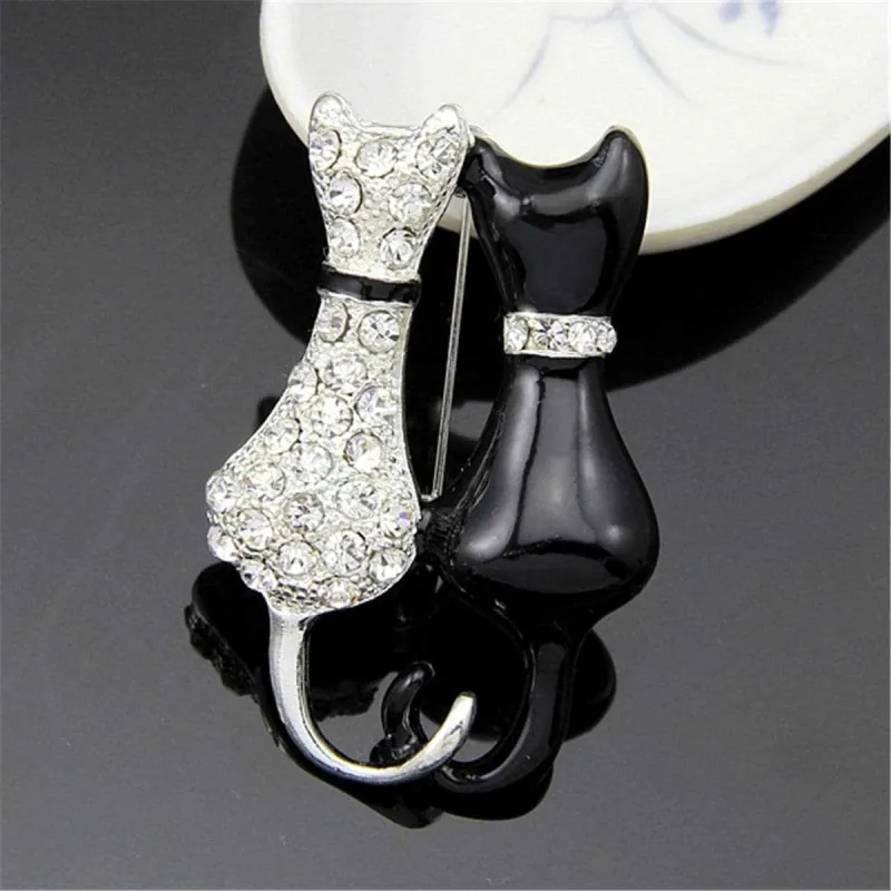 Cubic Zirconia & Black Kitty Brooch made by Zulily