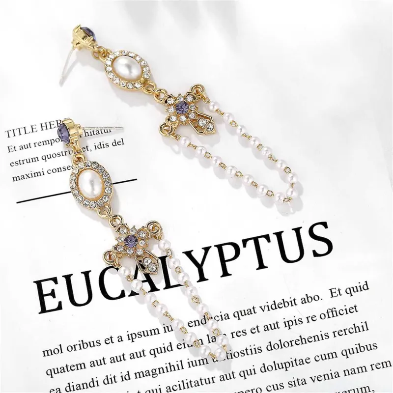 Pearl & Blue Cubic Zirconia Goldtone Cross Chain Drop Earrings made by Zulily