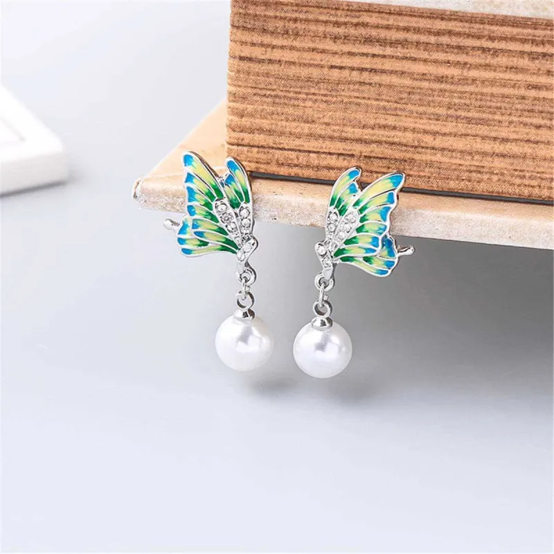 Green Enamel & Pearl Silvertone Butterfly Drop Earrings made by Zulily