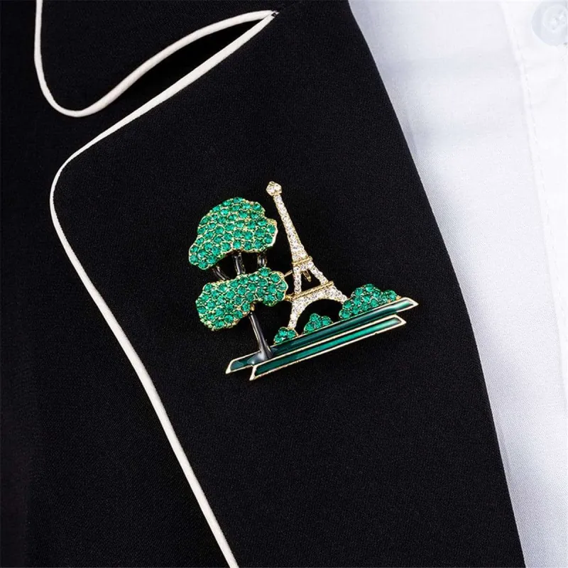 Green Cubic Zirconia & Goldtone Eiffel Tower Brooch made by Zulily