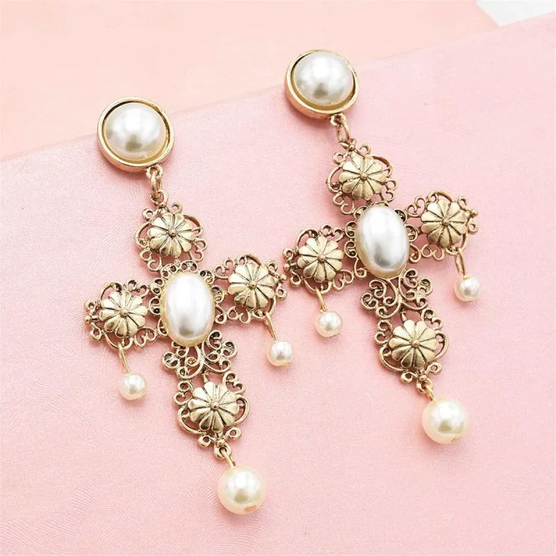 Pearl & Goldtone Floral Cross Drop Earrings made by Zulily