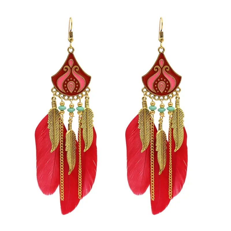 Red Feather & Enamel Turquoise Tassel Dangle Earring made by Zulily