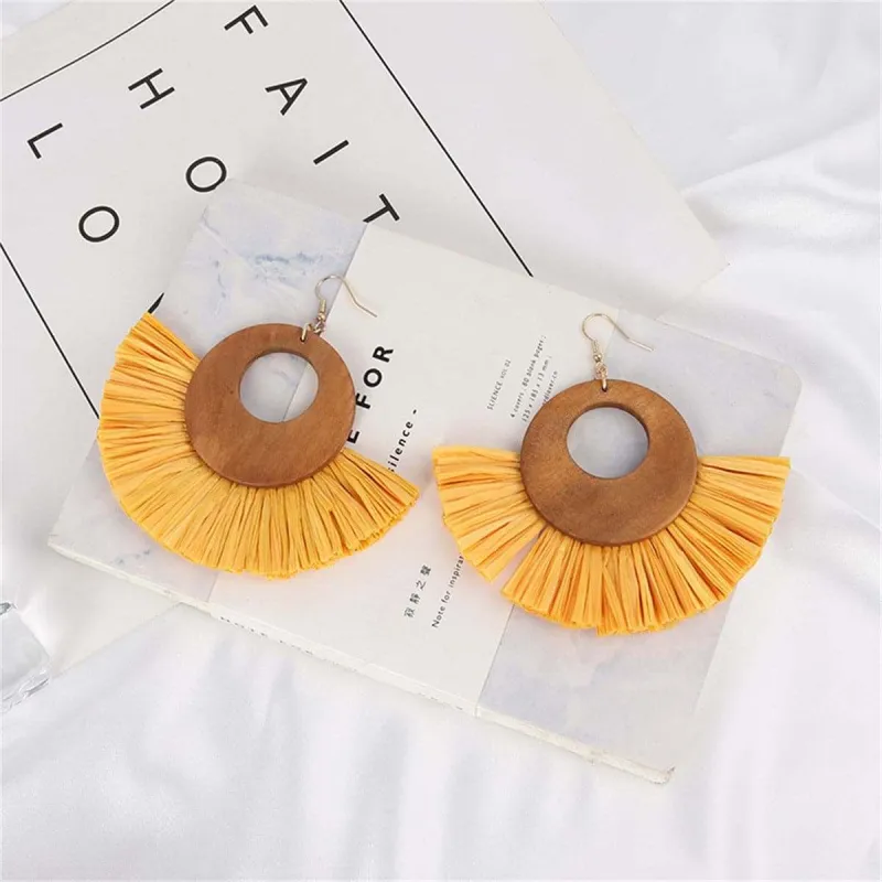 Yellow Raffia & Wood Fan Drop Earrings made by Zulily