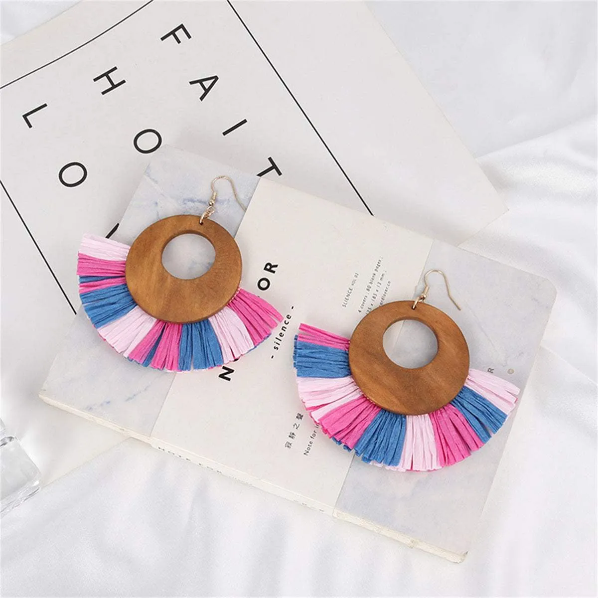 Pink Raffia & Wood Fan Drop Earrings sold by Zulily
