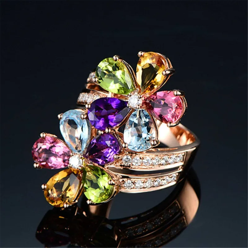 Rainbow Crystal & Rose Goldtone Flower Band Ring made by Zulily