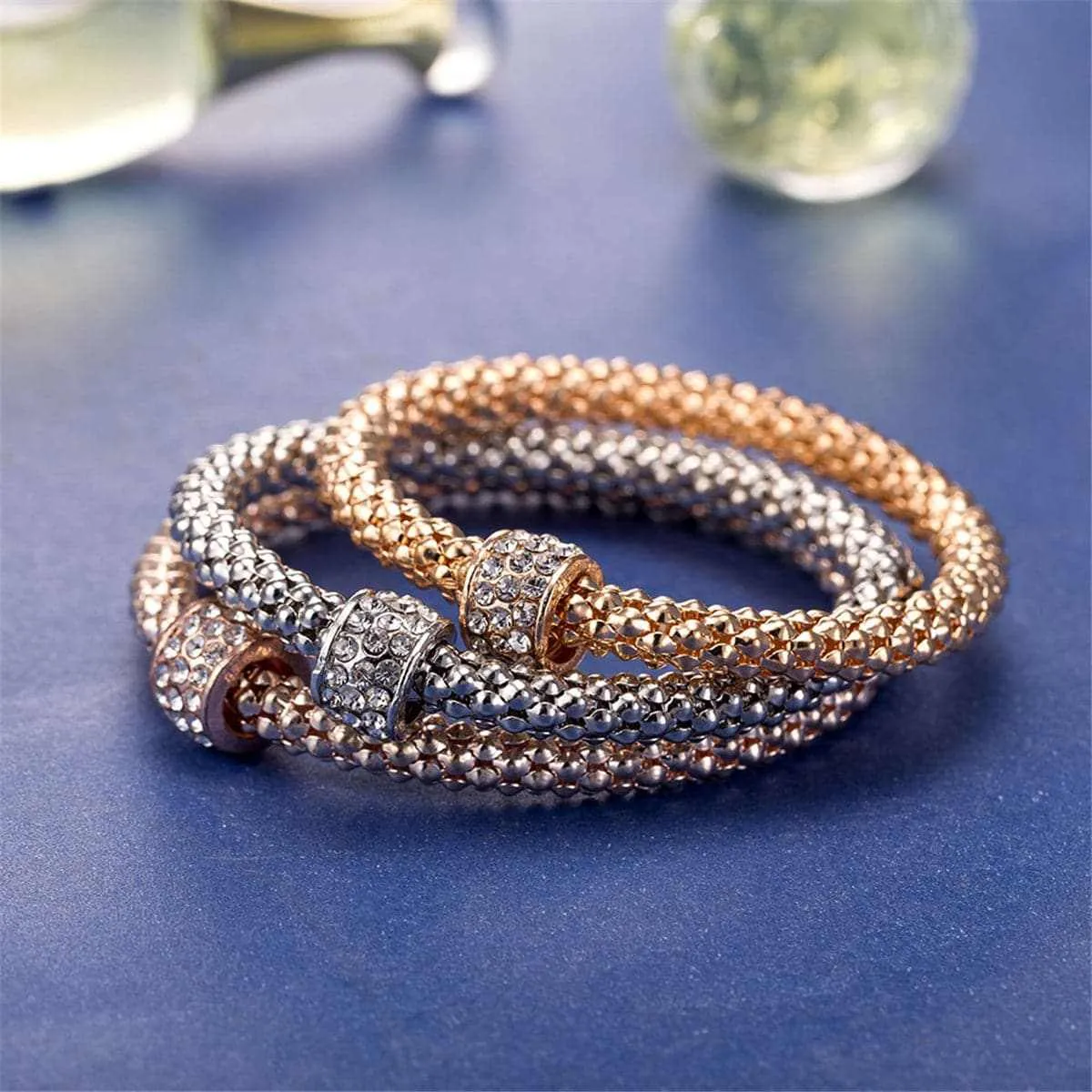 Cubic Zirconia & Tri-Tone Hollow Convex Bracelet Set sold by Zulily product image thumbnail 2