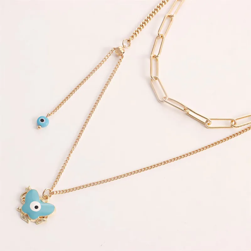Blue Enamel & Goldtone Eye Butterfly Layered Drop Pendant Necklace made by Zulily
