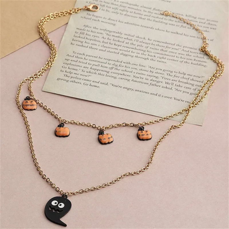Goldtone & Black Enamel Ghost & Pumpkin Station Layered Pendant Necklace made by Zulily