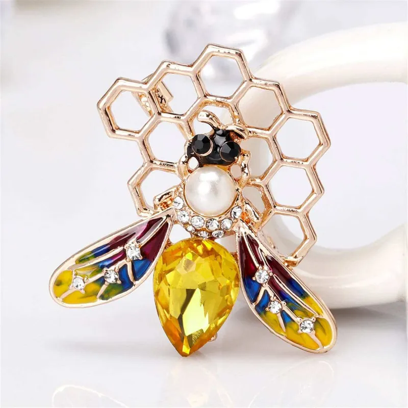 Pearl & Yellow Crystal Goldtone Bee Honeycomb Brooch made by Zulily