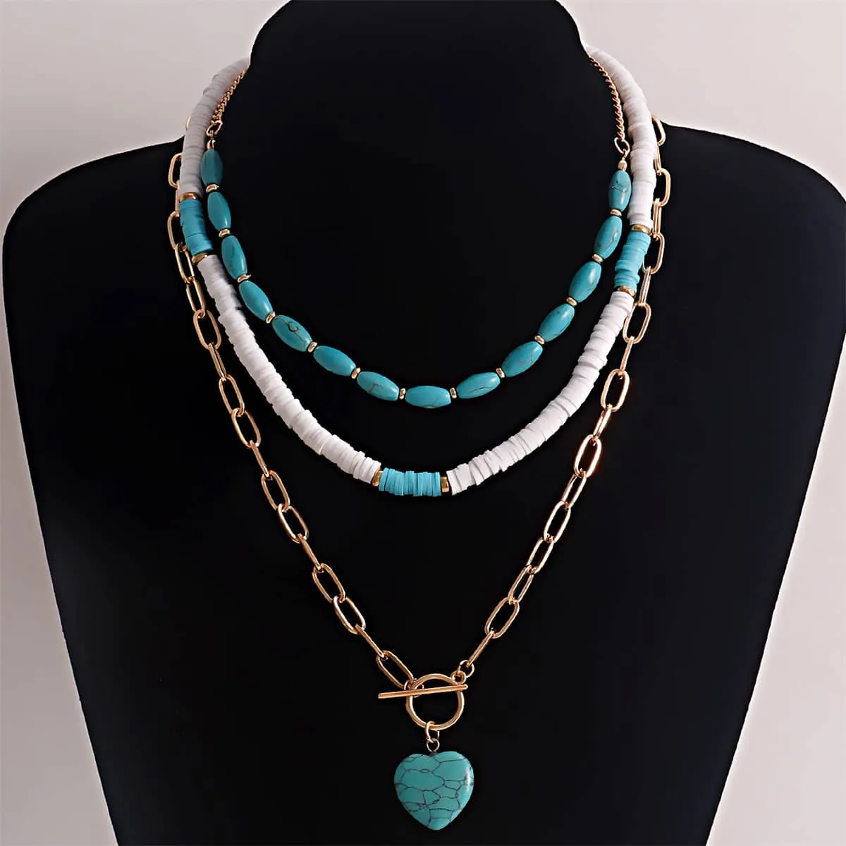 Turquoise & White Polymer Clay Goldtone Heart Layered Pendant Necklace Set sold by Zulily product image thumbnail 2